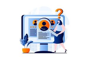 Employee hiring process concept with people scene in flat cartoon design. HR manager looks online resume and choosing best candidate for company staff. illustration visual story for web vector