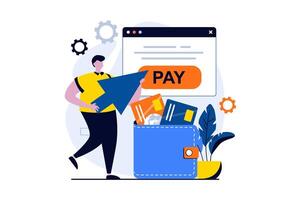 E-payment process concept with people scene in flat cartoon design. Man paying on website using electronic wallet and virtual credit cards at online banking. illustration visual story for web vector