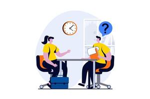 Employee hiring process concept with people scene in flat cartoon design. Woman candidate talking to HR manager for job interview i office. Human resources. illustration visual story for web vector