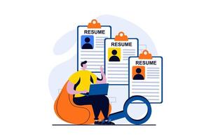 Employee hiring process concept with people scene in flat cartoon design. Man looks to best resumes and selects staff. Human resources and recruitment. illustration visual story for web vector