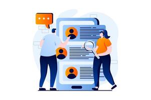 Employee hiring process concept with people scene in flat cartoon design. Man and woman looking for candidates for open vacancy and choosing new employee. illustration visual story for web vector
