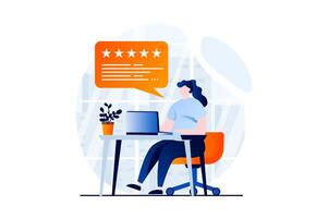 Feedback page concept with people scene in flat cartoon design. Woman writing good comments with her experience and star rating. Customer satisfaction ranking. illustration visual story for web vector