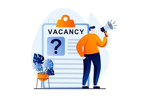 Employee hiring process concept with people scene in flat cartoon design. Man with megaphone announces vacancy and looking for professionals in company. illustration visual story for web vector