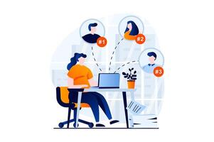Employee hiring process concept with people scene in flat cartoon design. Woman looking for best candidate for job, looks at online resume, chooses employee. illustration visual story for web vector