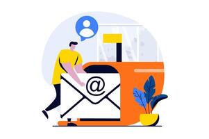 Email service concept with people scene in flat cartoon design. Man sends letters at huge mailbox. Promotional mailings, correspondence and communication. illustration visual story for web vector