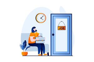 Employee hiring process concept with people scene in flat cartoon design. Woman applicant for new open vacancy sits and waits for interview with HR manager. illustration visual story for web vector