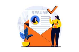 Employee hiring process concept with people scene in flat cartoon design. woman writes and sends online resume to company. Human resources and recruitment. illustration visual story for web vector