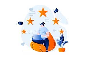 Feedback page concept with people scene in flat cartoon design. Woman leaving likes and stars with reviews with her experience. Customer satisfaction ranking. illustration visual story for web vector