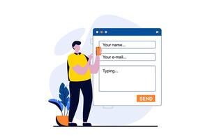 Feedback page concept with people scene in flat cartoon design. Man fills out online contact form and write his comment with experience. Customer satisfaction. illustration visual story for web vector