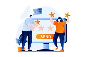 Feedback page concept with people scene in flat cartoon design. Man and woman make good reviews and star rating on website. Customer satisfaction ranking. illustration visual story for web vector