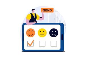 Feedback page concept with people scene in flat cartoon design. Man sends his assessment and chooses positive emoticon in online form. Customer satisfaction. illustration visual story for web vector