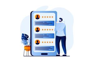 Feedback page concept with people scene in flat cartoon design. Man reads comments with stars of other customers and makes choice. Customer satisfaction. illustration visual story for web vector