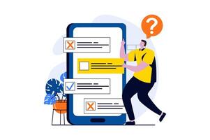 Online survey concept with people scene in flat cartoon design. Man thinks and chooses right answers to questions in mobile app for questionnaires and surveys. illustration visual story for web vector