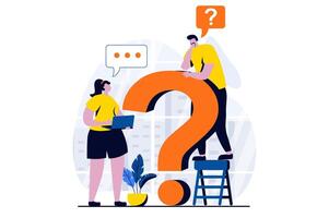 Finding solution concept with people scene in flat cartoon design. Man and woman think and discuss, solve problems and find answers to questions together. illustration visual story for web vector