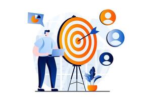 Finding solution concept with people scene in flat cartoon design. Man analyzes data and information, targeting and attracting customers, business promotion. illustration visual story for web vector