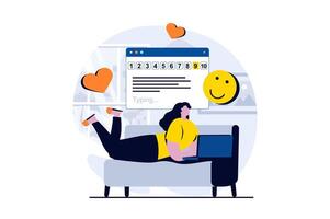 Feedback page concept with people scene in flat cartoon design. Woman gives high rating and leaves hearts and emoticons in online form. Customer satisfaction. illustration visual story for web vector