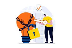 Finding solution concept with people scene in flat cartoon design. Man thinks and chooses keys for padlock on chain at light bulb and generates new ideas. illustration visual story for web vector