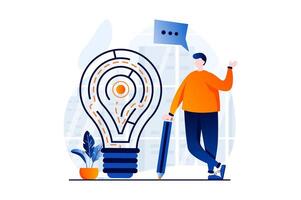 Finding solution concept with people scene in flat cartoon design. Man thinks how to get through labyrinth in light bulb form in best way and generates ideas. illustration visual story for web vector