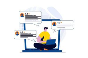 Feedback page concept with people scene in flat cartoon design. Man clients reads user comments and writes his review in online form. Customer satisfaction. illustration visual story for web vector