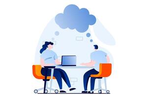 Finding solution concept with people scene in flat cartoon design. Man and woman discussing and talking, collaborating and analyzing statistics in office. illustration visual story for web vector
