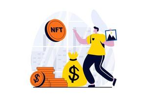 NFT token concept with people scene in flat cartoon design. Man earns money and cryptocurrency by selling digital paintings with NFT tokens on marketplaces. illustration visual story for web vector