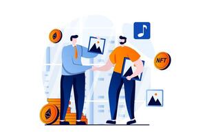 NFT token concept with people scene in flat cartoon design. Seller offers digital paintings at online auction and man buys art for private virtual collection. illustration visual story for web vector