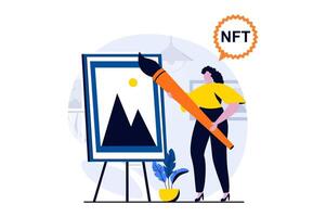 nft simbólico concepto con personas escena en plano dibujos animados diseño. mujer artista con cepillo pinturas digital pintura utilizando nft tecnología a vender en en línea mercado. ilustración visual historia para web vector