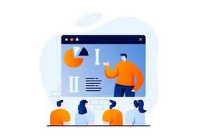 Finding solution concept with people scene in flat cartoon design. Man analyzes data, shows presentation to colleagues at meeting, teamwork and collaboration. illustration visual story for web vector