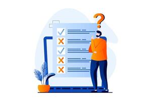 Online survey concept with people scene in flat cartoon design. Man thinking and fills out form of questionnaire, marking correct and incorrect answers. illustration visual story for web vector