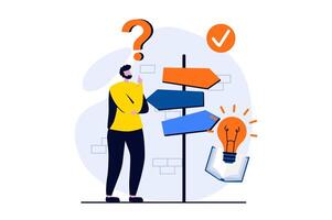 Finding solution concept with people scene in flat cartoon design. Man thinks and chooses direction while standing in front of signs with arrows directions. illustration visual story for web vector