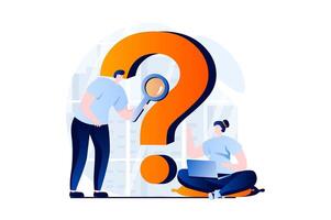 Finding solution concept with people scene in flat cartoon design. Man and woman are discussing problem and looking for answer to question, research together. illustration visual story for web vector