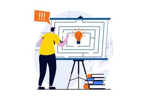 Finding solution concept with people scene in flat cartoon design. Man generates new ideas, prepares business strategy presentation with process improvement. illustration visual story for web vector