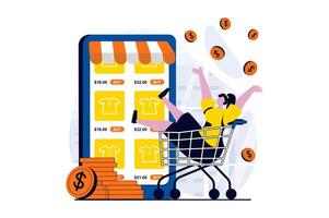 móvil comercio concepto con personas escena en plano dibujos animados diseño. mujer hace en línea compras y compra nuevo productos negociar precios en teléfono inteligente solicitud. ilustración visual historia para web vector