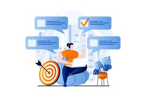 Online survey concept with people scene in flat cartoon design. Woman answering test questions and choose correct marks in questionnaire form using laptop. illustration visual story for web vector