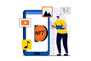 NFT token concept with people scene in flat cartoon design. Man buys various paintings, videos and music on online marketplaces and invests cryptocurrency. illustration visual story for web vector