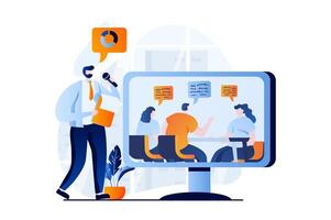 Finding solution concept with people scene in flat cartoon design. Man analyzes data and studies information about clients, works in team with colleagues. illustration visual story for web vector