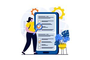 Online survey concept with people scene in flat cartoon design. Woman takes online exam or sociological survey and answers questions by marking answers in app. illustration visual story for web vector