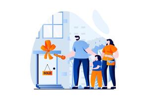 Real estate concept with people scene in flat cartoon design. Family moves to new house. Man holding keys to apartment and stand with woman and child at door. illustration visual story for web vector