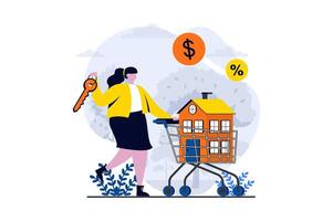 Real estate concept with people scene in flat cartoon design. Happy woman invests money in real estate, buys new apartment and gets keys to her property. illustration visual story for web vector