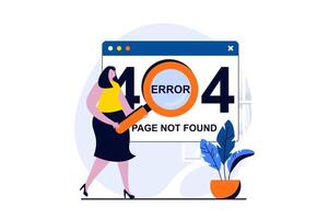 Page not found concept with people scene in flat cartoon design. Woman with magnifier looking for site with disconnects problem and fixing 404 access errors. illustration visual story for web vector