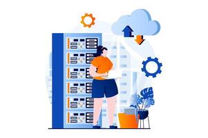 SaaS concept with people scene in flat cartoon design. Woman works with online databases, exchanges files and uses cloud technology. Software as a service. illustration visual story for web vector