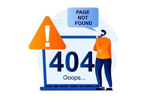 página no encontró concepto con personas escena en plano dibujos animados diseño. hombre ve roto sitio web firmar con 404 error desconectar y página choque en ordenador portátil pantalla. ilustración visual historia para web vector