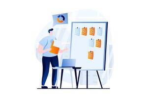 Finding solution concept with people scene in flat cartoon design. Man analyzes data and makes presentation, plans and optimizes workflow on sticker board. illustration visual story for web vector