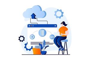 SaaS concept with people scene in flat cartoon design. Woman works on laptop, programming, computing processes using cloud technology. Software as a service. illustration visual story for web vector