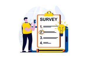 Online survey concept with people scene in flat cartoon design. Man answers questions from sociological survey by marking answers in questionnaire form. illustration visual story for web vector