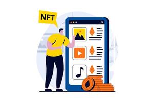 NFT token concept with people scene in flat cartoon design. Male artist posts his artwork, paintings, videos and music for sale on online marketplaces. illustration visual story for web vector