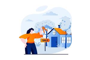 Real estate concept with people scene in flat cartoon design. Woman receives keys to new house. Realtor sells real estate and advertises agency services. illustration visual story for web vector
