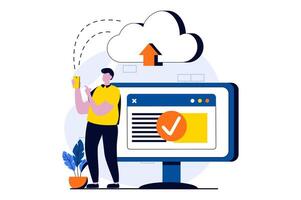 SaaS concept with people scene in flat cartoon design. Man uploading files using cloud storage and sharing it between different gadgets. Software as a service. illustration visual story for web vector