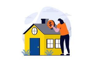 Real estate concept with people scene in flat cartoon design. Woman invests money in purchase of private house and to moving or pays off mortgage in bank. illustration visual story for web vector