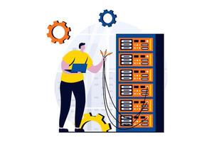 Server maintenance concept with people scene in flat cartoon design. Man technician holding cables and working in server rack hardware room, fixing connection. illustration visual story for web vector